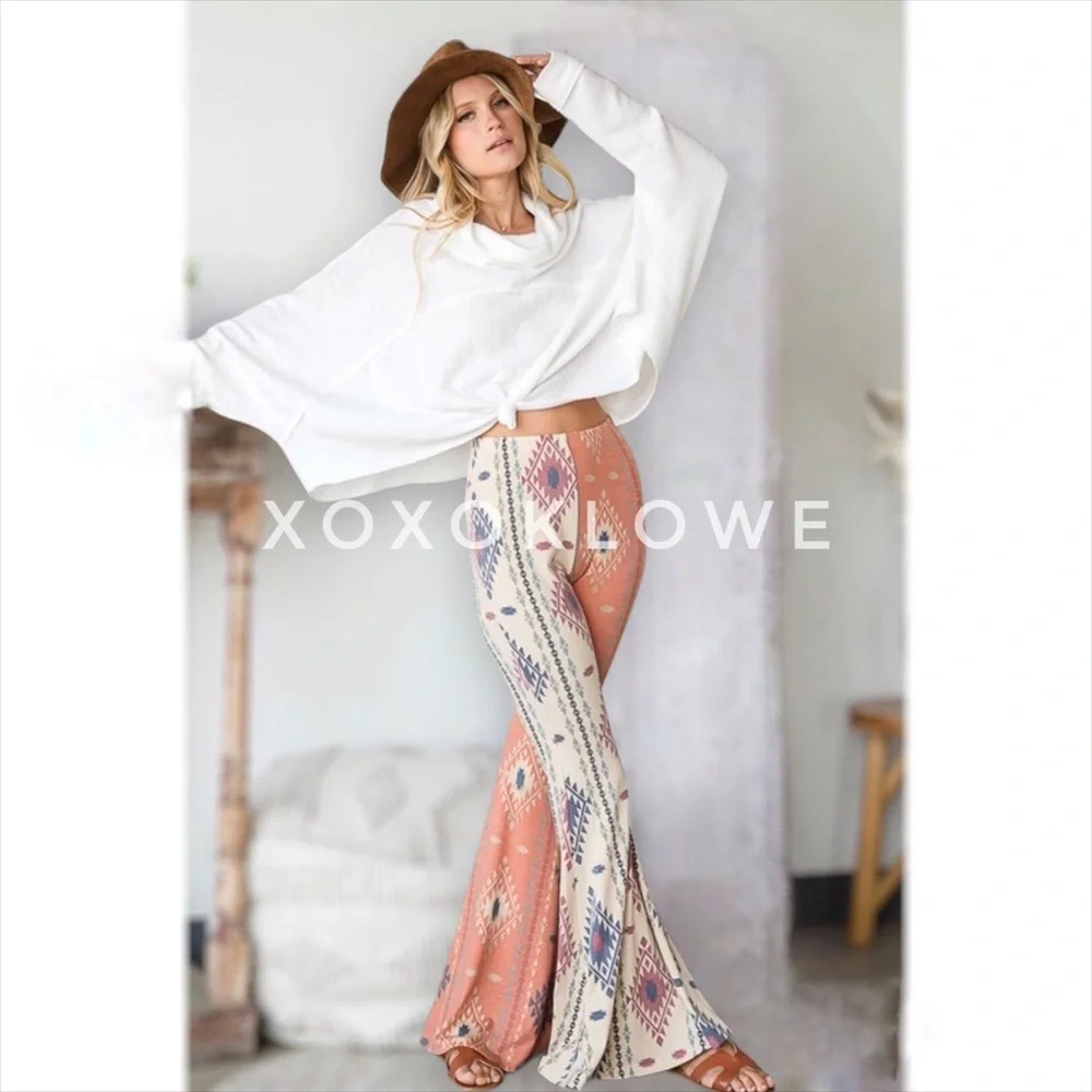 Aztec Print Half & Half Bell Bottom Flares High Waist Slim Fit - Picture 1 of 15